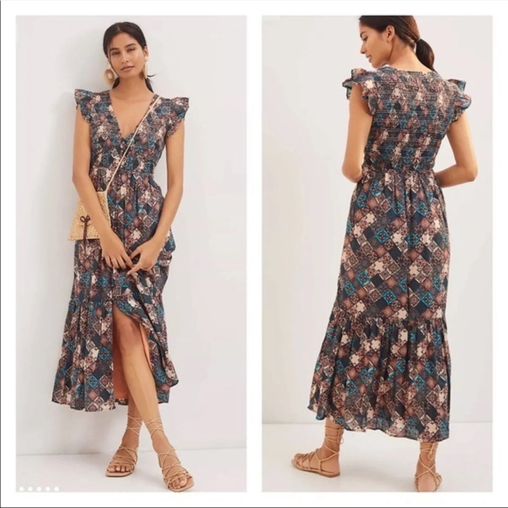 Anthropologie Smocked Ruffle Midi Dress